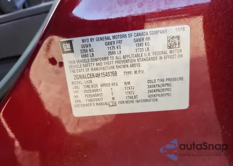 2017 Chevrolet Equinox Lt из США, поврежденный, VIN 2GNALCEK4H1543768